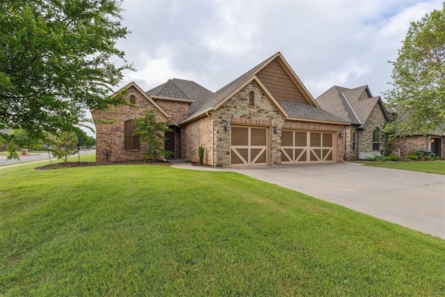 19724 Meadow Bend Ave, Edmond, OK 73012 - view of front of property with a garage, a front lawn, concrete driveway, brick siding, and roof with shingles