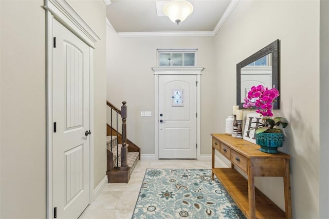 19724 Meadow Bend Ave, Edmond, OK 73012 - foyer with crown molding, stairway, light tile patterned flooring, and baseboards