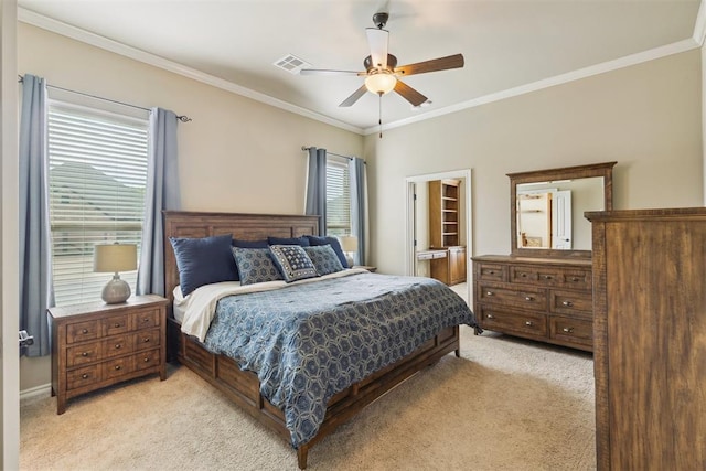 19724 Meadow Bend Ave, Edmond, OK 73012 - bedroom with light carpet, ornamental molding, and ceiling fan