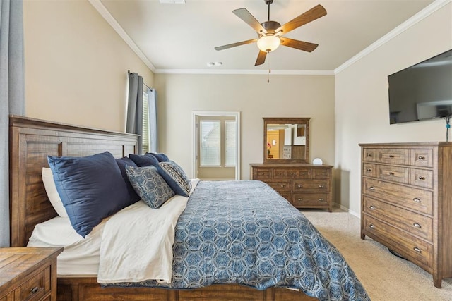 19724 Meadow Bend Ave, Edmond, OK 73012 - bedroom with crown molding, light colored carpet, baseboards, and a ceiling fan