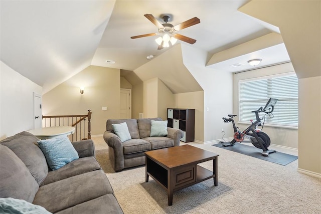 19724 Meadow Bend Ave, Edmond, OK 73012 - living area featuring light carpet, ceiling fan, lofted ceiling, and baseboards