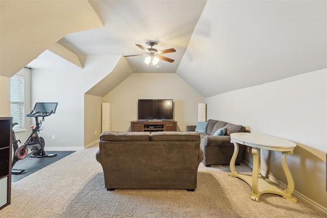 19724 Meadow Bend Ave, Edmond, OK 73012 - carpeted living area featuring a ceiling fan, baseboards, and vaulted ceiling