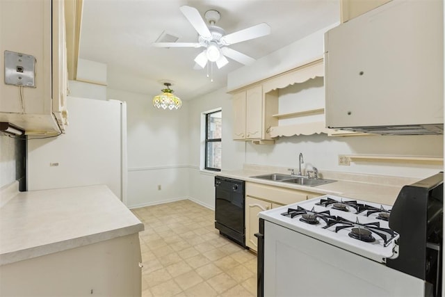 2525 NW 62nd St Unit 208, Oklahoma City, OK 73112 - kitchen with white appliances, a sink, light flooring, light countertops, and a ceiling fan