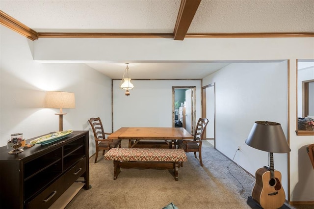 9801 Lancet Ln, Oklahoma City, OK 73120 - dining room featuring light carpet, a textured ceiling, beam ceiling, and crown molding