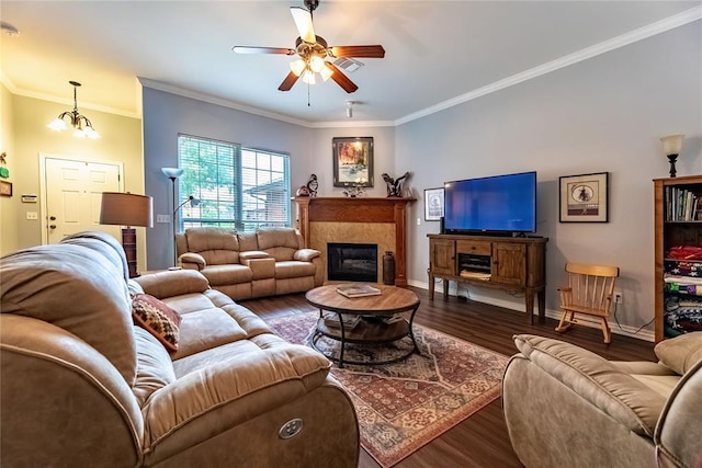 3305 Tecumseh Meadows Way, Norman, OK 73069 - living room featuring wood finished floors, ceiling fan, ornamental molding, baseboards, and a premium fireplace