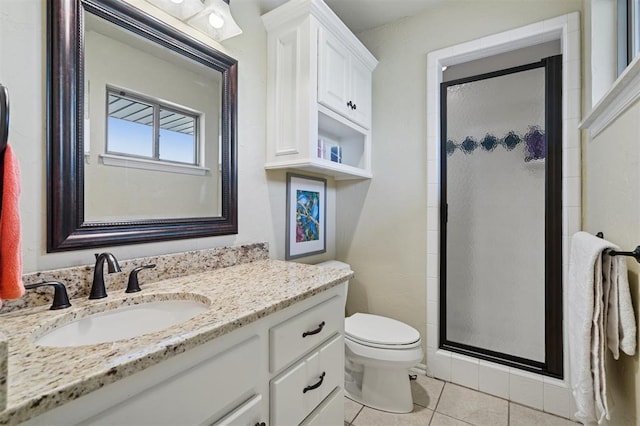 7941 E Sorghum Mill Rd, Edmond, OK 73034 - bathroom with vanity, toilet, a shower stall, and tile patterned flooring