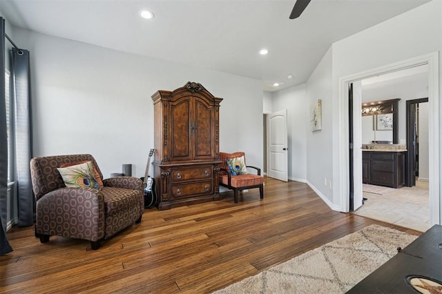 7941 E Sorghum Mill Rd, Edmond, OK 73034 - living area with hardwood / wood-style floors, ceiling fan, recessed lighting, and baseboards