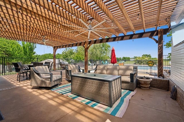 7941 E Sorghum Mill Rd, Edmond, OK 73034 - view of patio with an outdoor living space, a pergola, ceiling fan, and outdoor dining space
