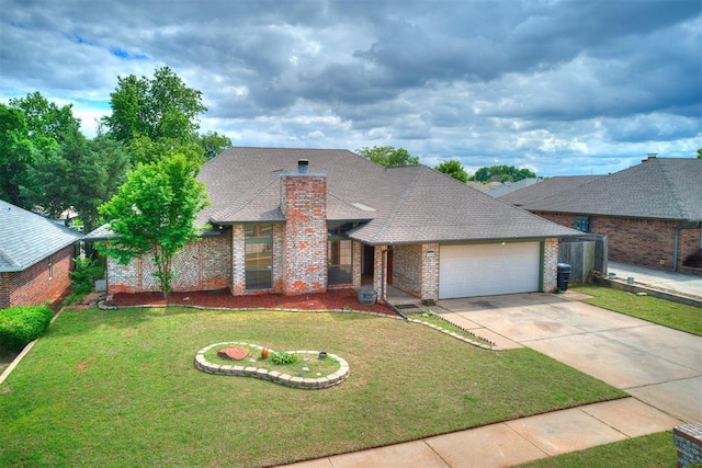 view of front of property with an attached garage, driveway, brick siding, a front lawn, and roof with shingles