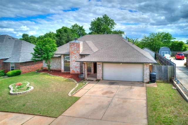 view of front of house with an attached garage, brick siding, concrete driveway, roof with shingles, and a chimney