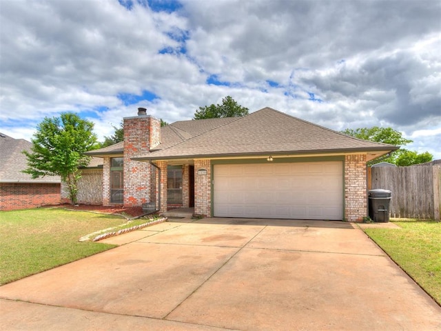 view of front of house with brick siding, driveway, a garage, a chimney, and a shingled roof