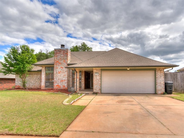 view of front of home featuring brick siding, a garage, driveway, a chimney, and a shingled roof