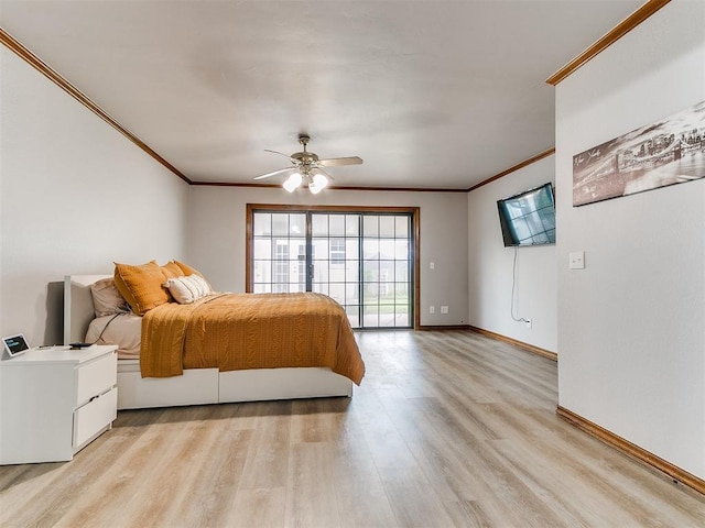 bedroom with crown molding, light wood finished floors, access to outside, baseboards, and ceiling fan