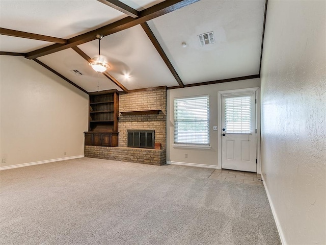 unfurnished living room with ceiling fan, carpet flooring, baseboards, and a fireplace