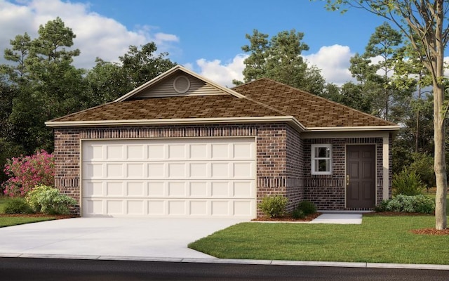 view of front of home featuring brick siding, concrete driveway, a garage, a front lawn, and roof with shingles