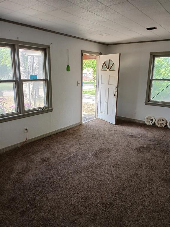 unfurnished room with carpet flooring, baseboards, and ornamental molding