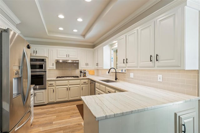 kitchen featuring appliances with stainless steel finishes, a sink, under cabinet range hood, recessed lighting, and light wood-type flooring