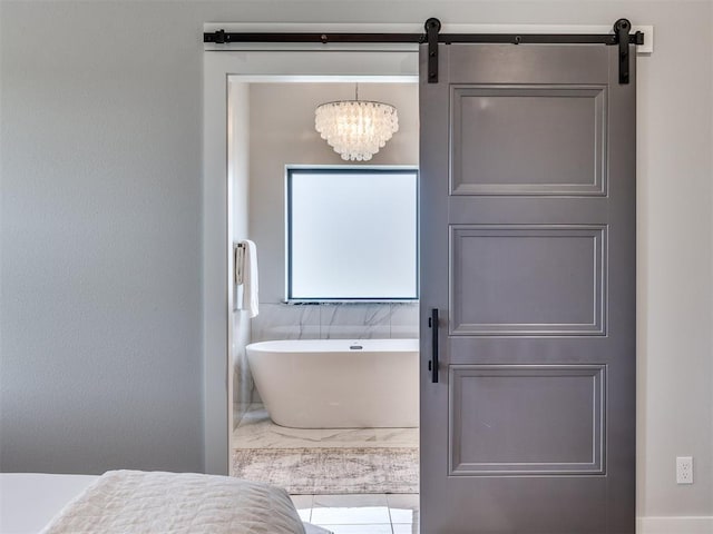 3241 E 171st St, Bixby, OK 74008 - full bathroom featuring a freestanding tub and a chandelier