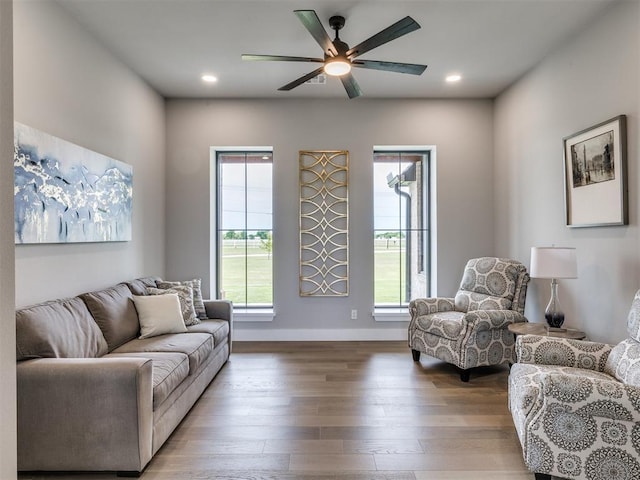 3241 E 171st St, Bixby, OK 74008 - living room with a ceiling fan, hardwood / wood-style flooring, recessed lighting, and baseboards