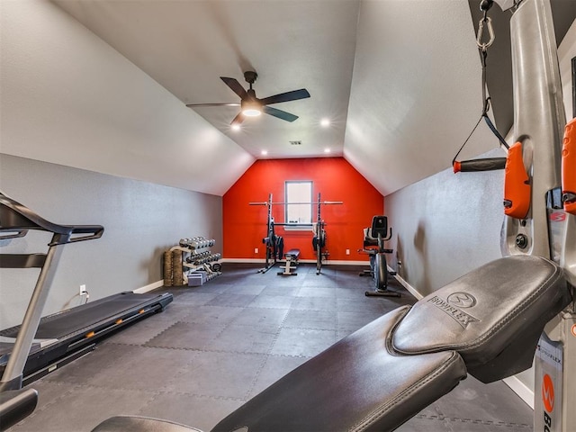 3241 E 171st St, Bixby, OK 74008 - workout room featuring a ceiling fan, baseboards, and vaulted ceiling