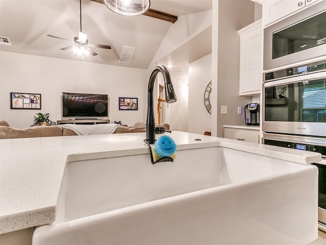 detailed view of stainless steel appliances, a sink, and a ceiling fan