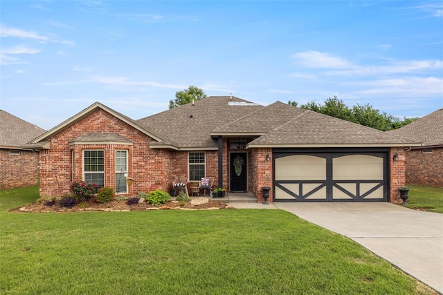 13141 Austrian Pine Dr, Choctaw, OK 73020 - single story home featuring a shingled roof, brick siding, a front yard, an attached garage, and concrete driveway