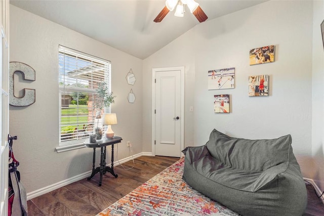 13141 Austrian Pine Dr, Choctaw, OK 73020 - sitting room with vaulted ceiling, dark wood finished floors, a ceiling fan, and baseboards