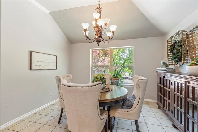 13141 Austrian Pine Dr, Choctaw, OK 73020 - dining area with a chandelier, lofted ceiling, light tile patterned floors, and baseboards