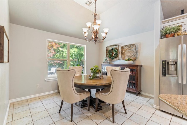 13141 Austrian Pine Dr, Choctaw, OK 73020 - dining room with a chandelier, light tile patterned floors, vaulted ceiling, and baseboards