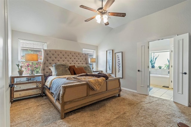 13141 Austrian Pine Dr, Choctaw, OK 73020 - tiled bedroom featuring carpet, lofted ceiling, connected bathroom, a ceiling fan, and baseboards