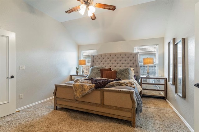 13141 Austrian Pine Dr, Choctaw, OK 73020 - carpeted bedroom with lofted ceiling, baseboards, a ceiling fan, and a textured wall
