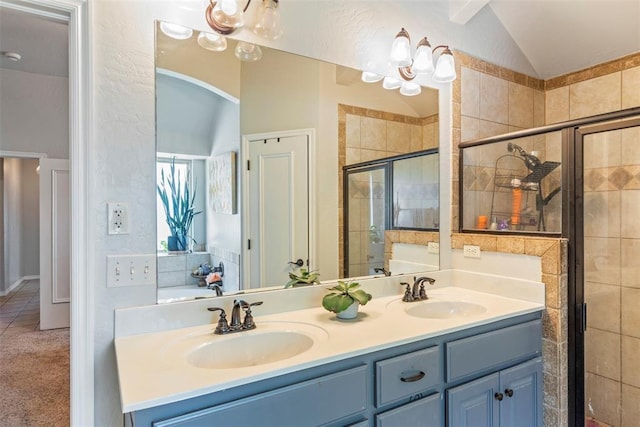 13141 Austrian Pine Dr, Choctaw, OK 73020 - bathroom with a stall shower, vaulted ceiling, double vanity, and a tub to relax in