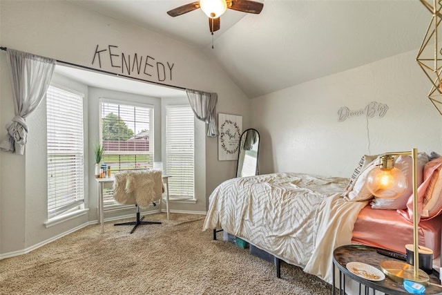 13141 Austrian Pine Dr, Choctaw, OK 73020 - carpeted bedroom featuring lofted ceiling, baseboards, and a ceiling fan