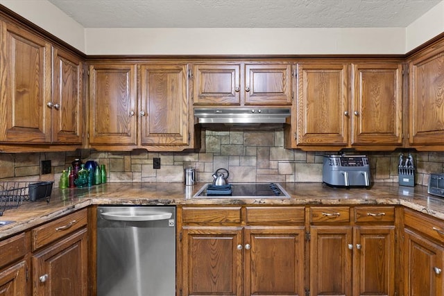 3926 Briarcrest Dr, Norman, OK 73072 - kitchen featuring stainless steel dishwasher, under cabinet range hood, black electric cooktop, backsplash, and brown cabinets