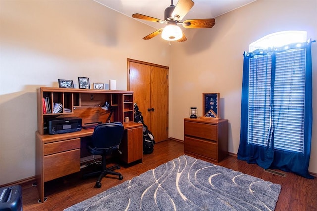 717 Hunters Run, Midwest City, OK 73130 - office area featuring wood finished floors and a ceiling fan