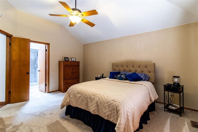 717 Hunters Run, Midwest City, OK 73130 - bedroom featuring light colored carpet, vaulted ceiling, a ceiling fan, ensuite bathroom, and baseboards