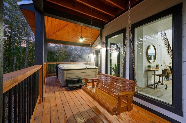 48 Cedar Hills Trl, Broken Bow, OK 74728 - wooden deck featuring a hot tub and ceiling fan