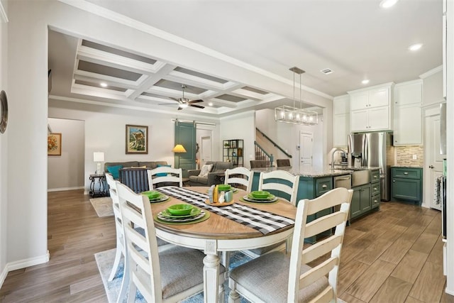 8400 Poplar Dr, Edmond, OK 73034 - dining room with recessed lighting, coffered ceiling, wood finished floors, stairway, and ornamental molding