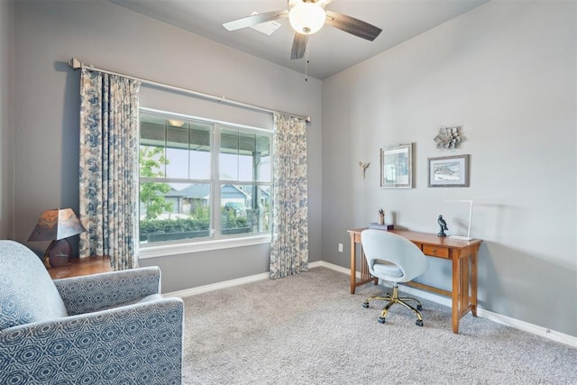 8400 Poplar Dr, Edmond, OK 73034 - carpeted home office with baseboards and a ceiling fan