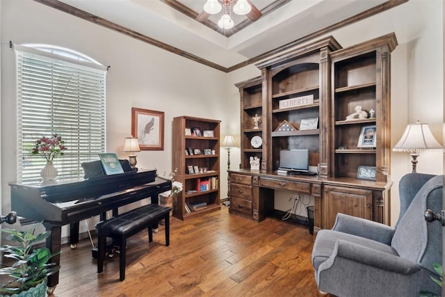 12812 NW 6th St, Yukon, OK 73099 - home office featuring a raised ceiling, ornamental molding, hardwood / wood-style floors, and ceiling fan