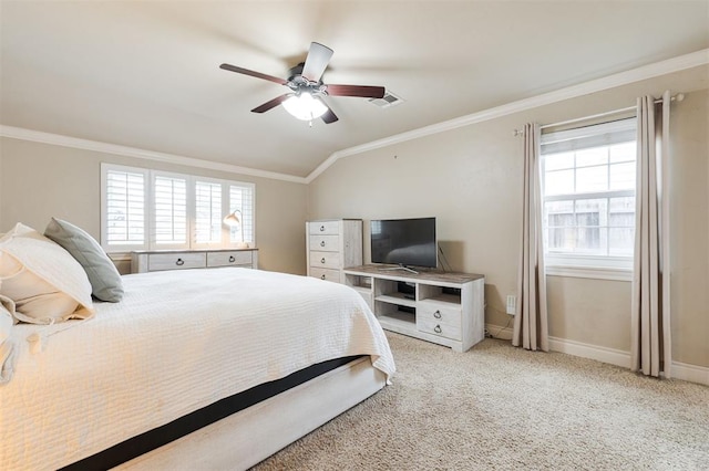 2728 Kerry Ln, Oklahoma City, OK 73120 - bedroom featuring crown molding, vaulted ceiling, carpet floors, and a ceiling fan