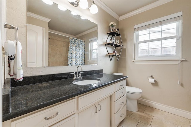 2728 Kerry Ln, Oklahoma City, OK 73120 - full bathroom featuring vanity, ornamental molding, healthy amount of natural light, tile patterned flooring, and a shower with curtain