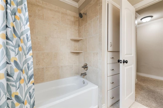 2728 Kerry Ln, Oklahoma City, OK 73120 - bathroom with crown molding and shower / bath combination with curtain