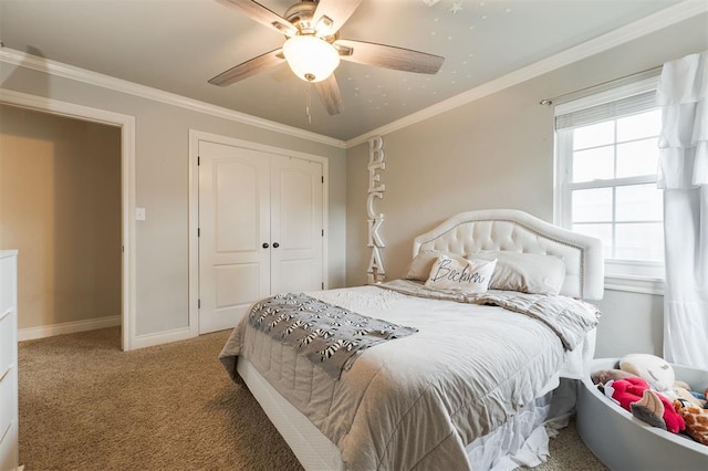 2728 Kerry Ln, Oklahoma City, OK 73120 - bedroom with carpet, ornamental molding, a closet, and ceiling fan