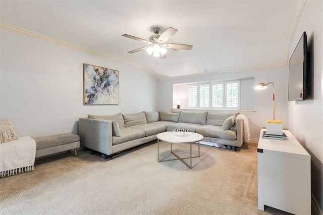 2728 Kerry Ln, Oklahoma City, OK 73120 - living room featuring crown molding, ceiling fan, and light carpet
