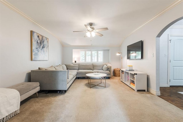 2728 Kerry Ln, Oklahoma City, OK 73120 - living room with ornamental molding, arched walkways, and ceiling fan