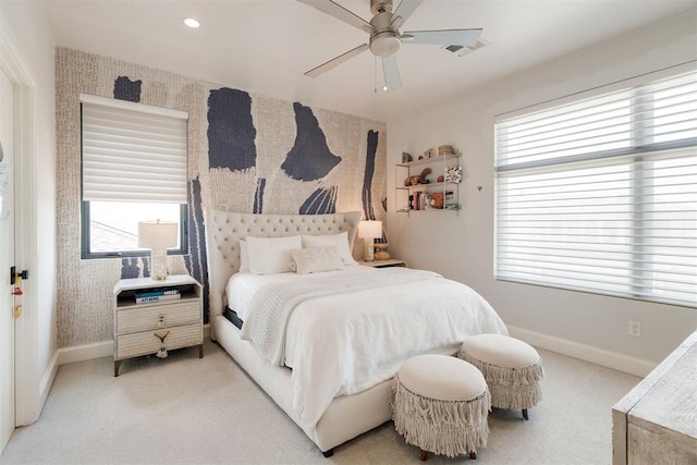 909 NW 156th St, Edmond, OK 73013 - bedroom featuring light carpet, baseboards, wallpapered walls, and a ceiling fan
