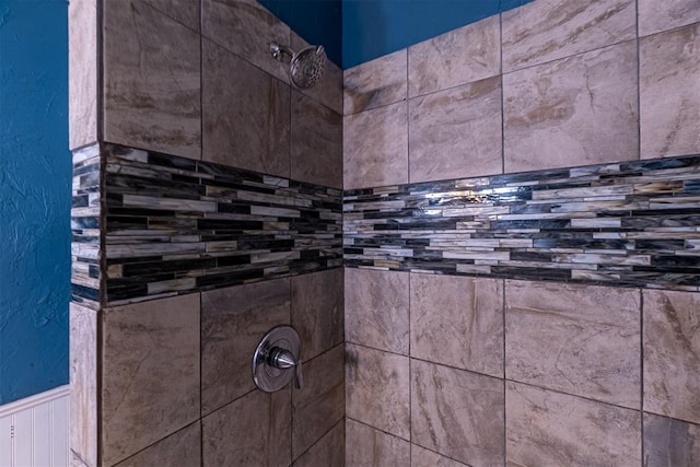bathroom view of tiled shower and wainscoting