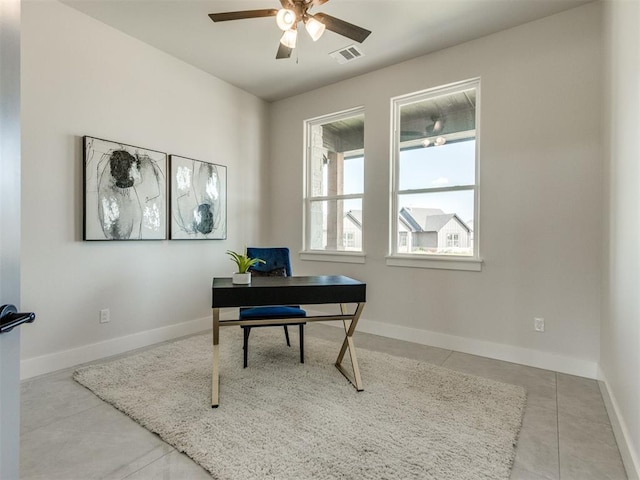 4850 Ranchero Dr, Edmond, OK 73025 - office with a ceiling fan, tile patterned flooring, and baseboards