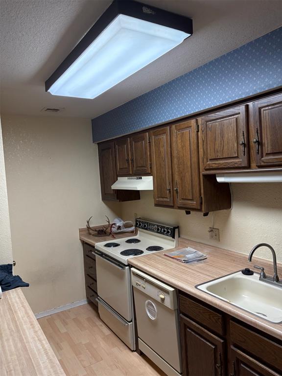 kitchen with white electric range, dishwashing machine, under cabinet range hood, a sink, and light wood finished floors
